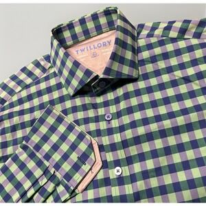 Twillory Performance Long Sleeve Button Up Mens XL Blue Green Check 16.5 34-35